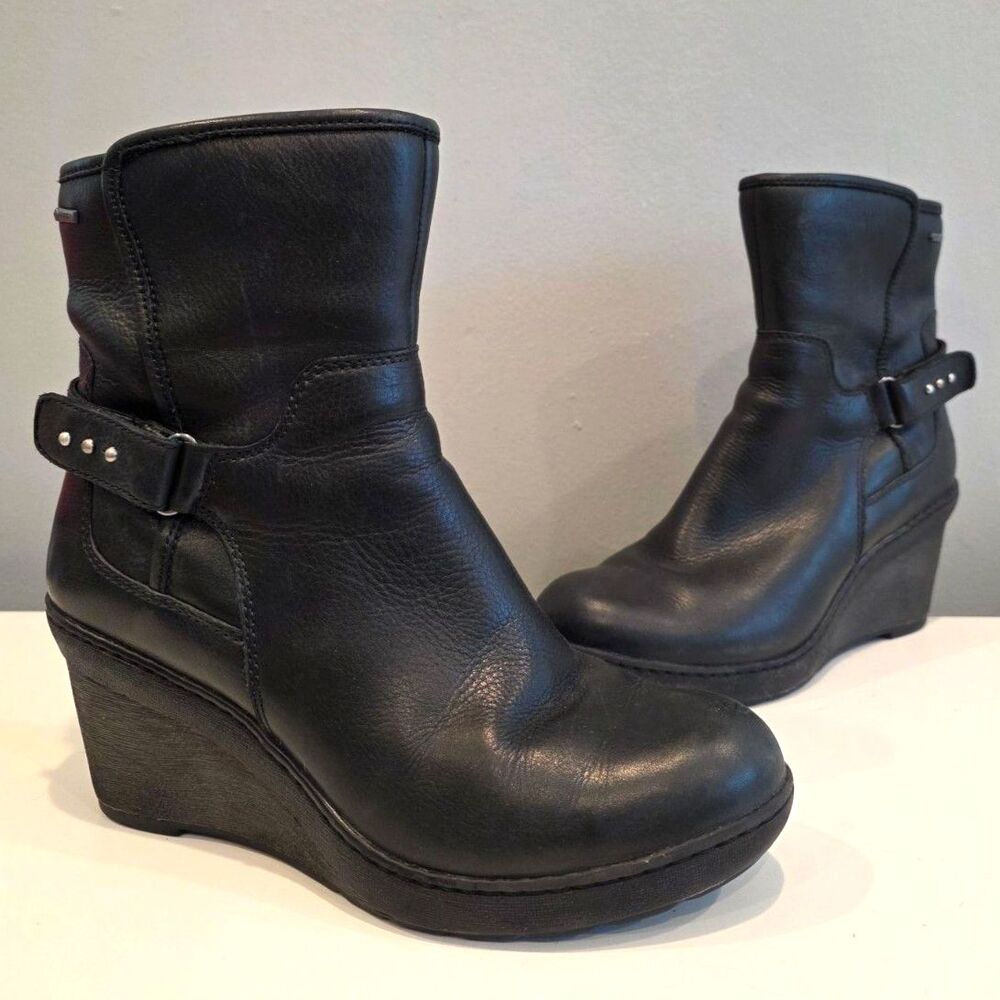 Clarks Artisan Natira Kit GTX Black Leather Waterproof Wedge Ankle Boots 8.5